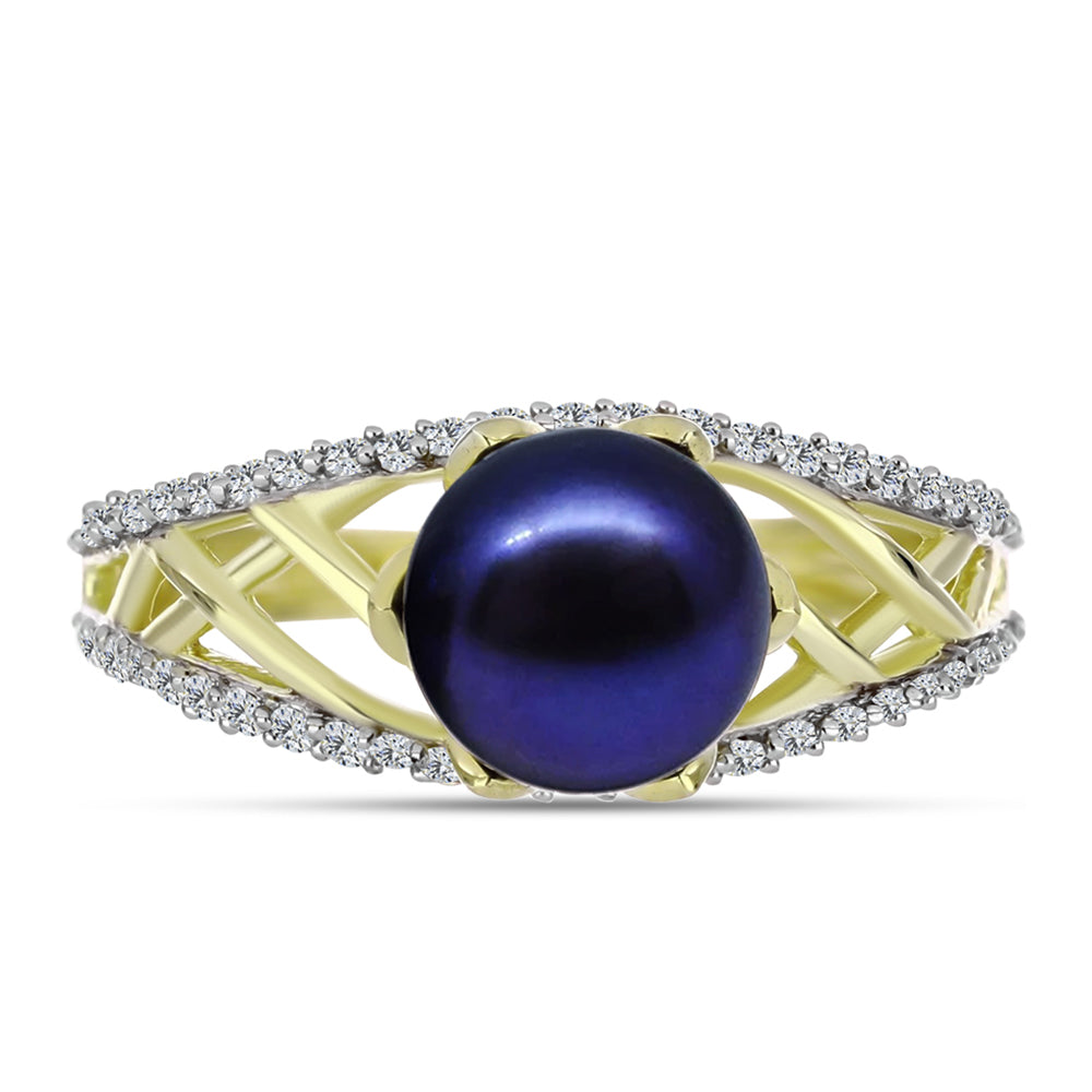 Anillo de Plata Bañada en Oro con Perla Negra de Agua dulce y Topacio Blanco 1 