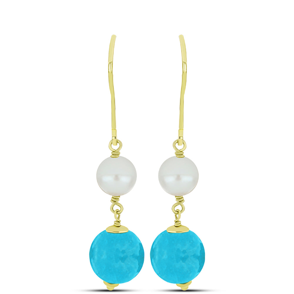 Pendientes de Plata Bañada en Oro con Jade Azul y Perla de Agua Dulce