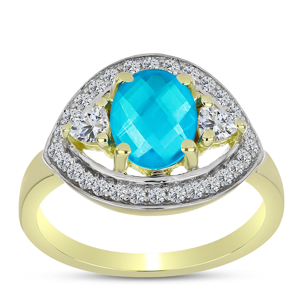 Anillo de Plata Bañada en Oro con Jade Azul y Topacio Blanco 3 