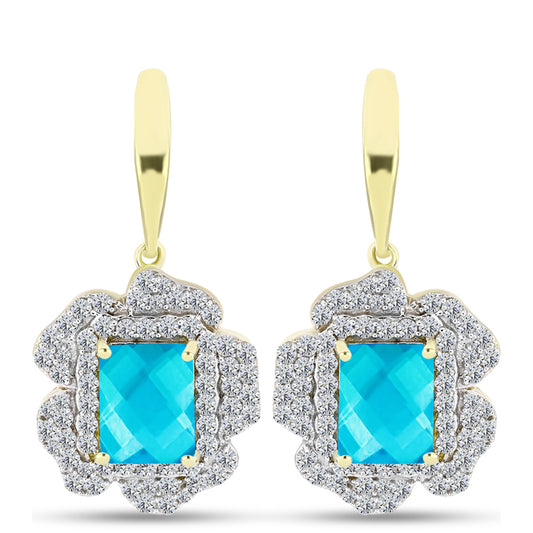 Pendientes de Plata Bañada en Oro con Jade Azul y Topacio Blanco
