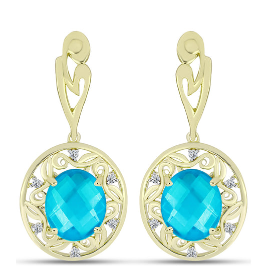 Pendientes de Plata Bañada en Oro con Jade Azul y Topacio Blanco