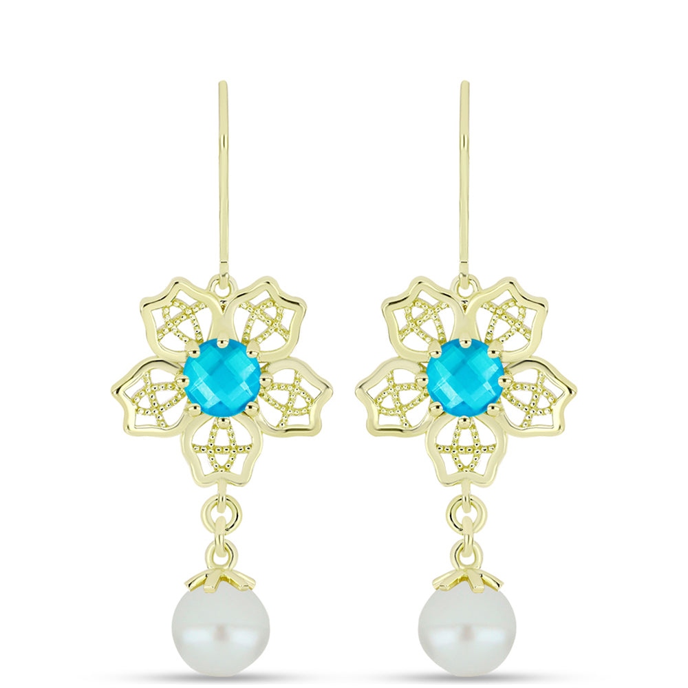 Pendientes de Plata Bañada en Oro con Jade Azul y Perla de Agua Dulce