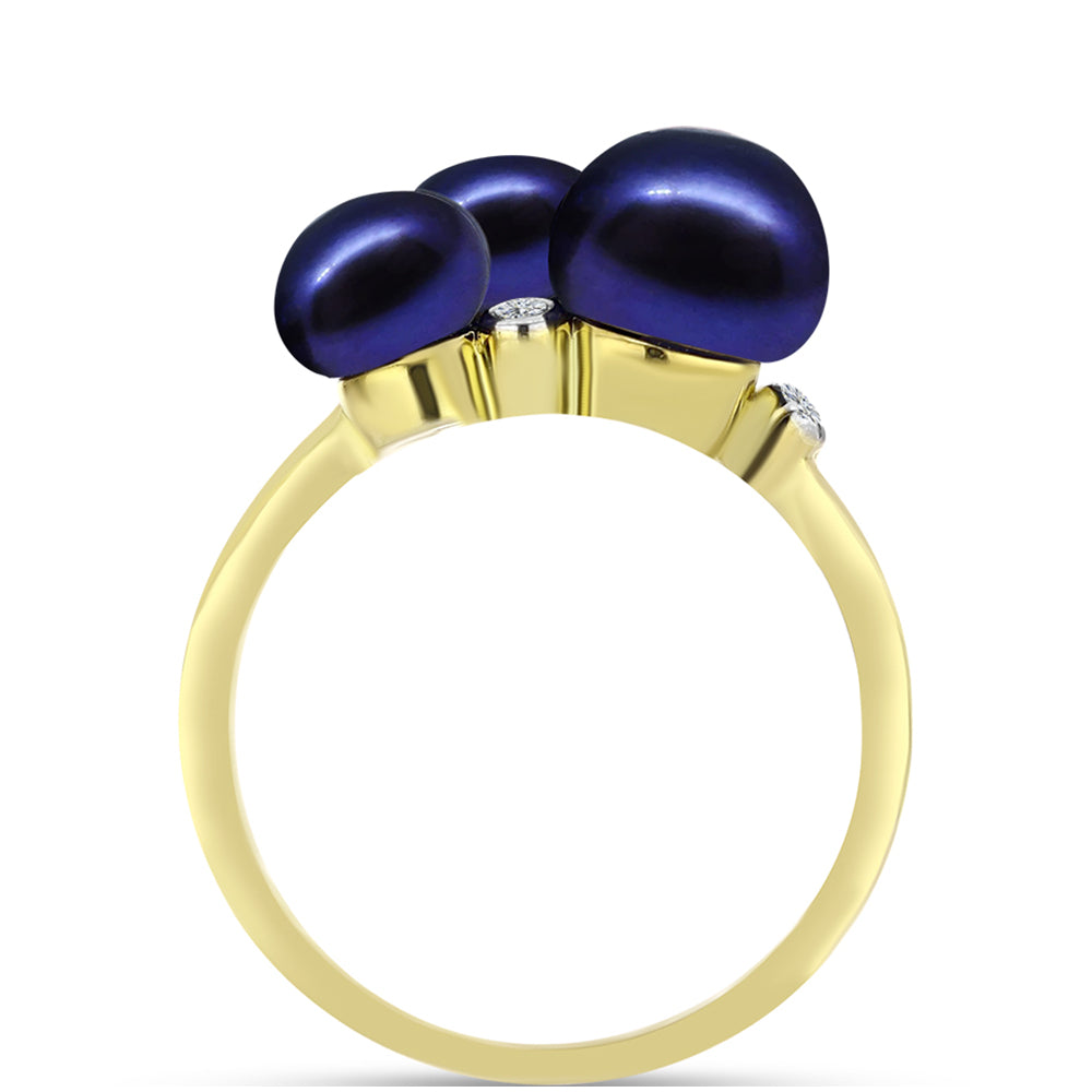 Anillo de Plata Bañada en Oro con Perla Negra de Agua dulce y Topacio Blanco 2 