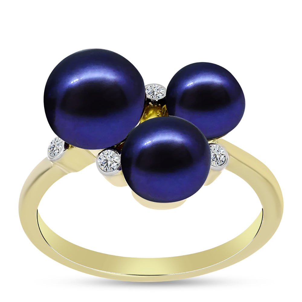 Anillo de Plata Bañada en Oro con Perla Negra de Agua dulce y Topacio Blanco 3 