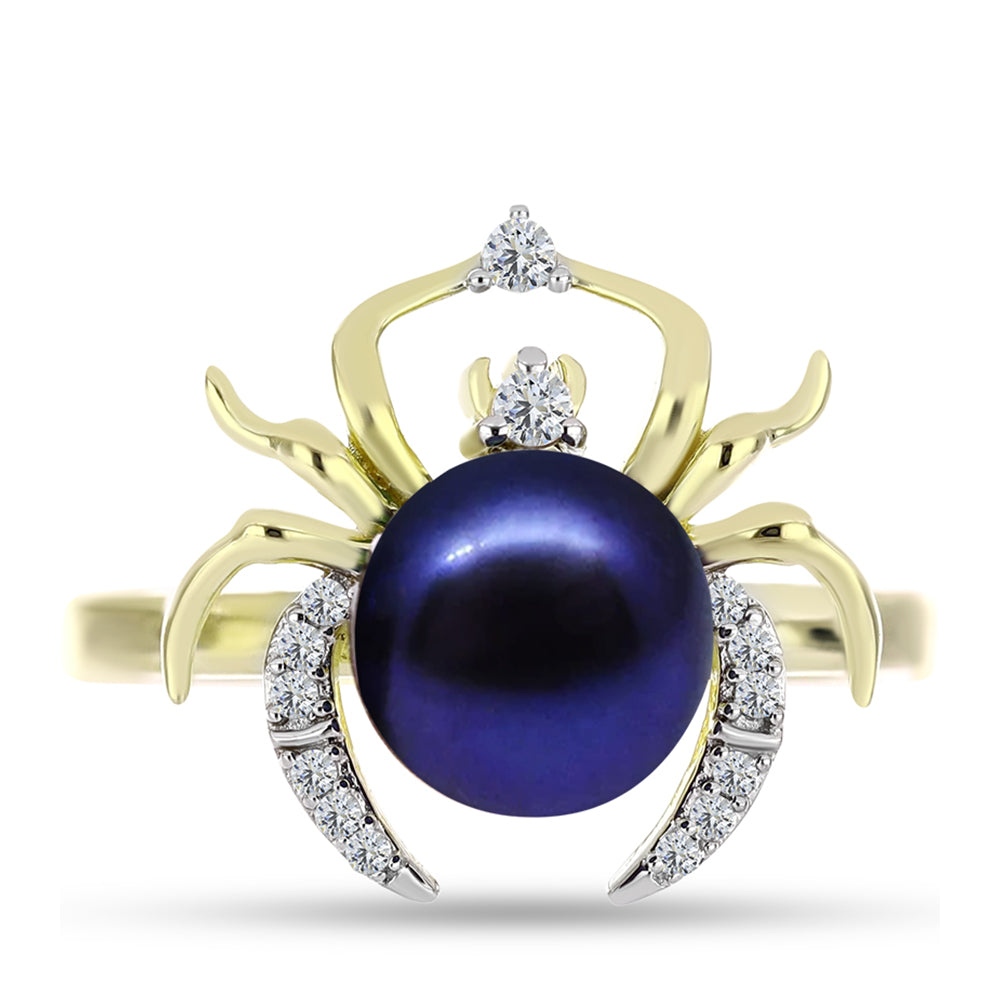 Anillo de Plata Bañada en Oro con Perla Negra de Agua dulce y Topacio Blanco 1 