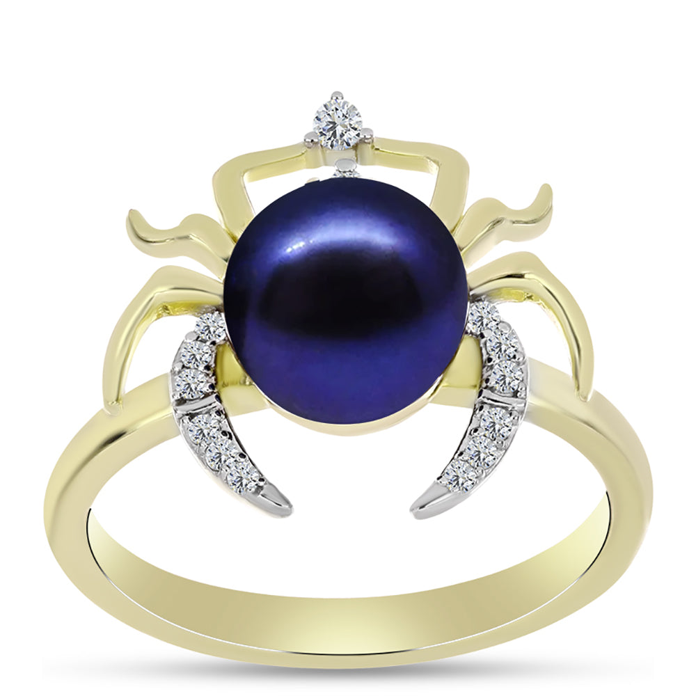 Anillo de Plata Bañada en Oro con Perla Negra de Agua dulce y Topacio Blanco