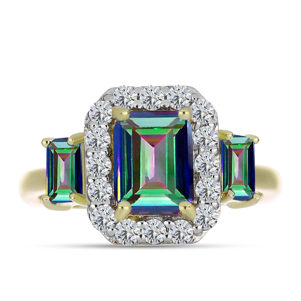 Anillo de Plata Bañada en Oro con Cuarzo Hematita verde místico y Topacio Blanco