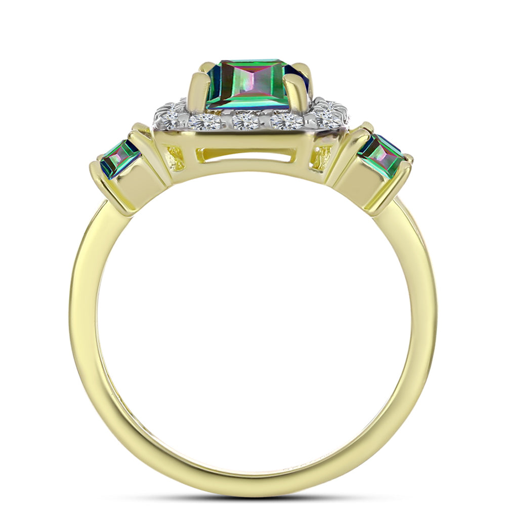 Anillo de Plata Bañada en Oro con Cuarzo Hematita verde místico y Topacio Blanco 2 