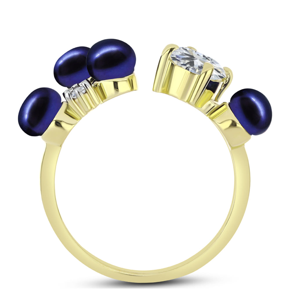 Anillo de Plata Bañada en Oro con Perla Negra de Agua dulce y Topacio Blanco