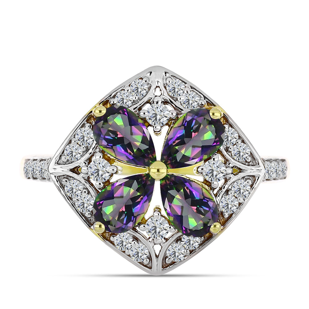 Anillo de Plata Bañada en Oro con Cuarzo Hematita verde místico y Topacio Blanco 1 