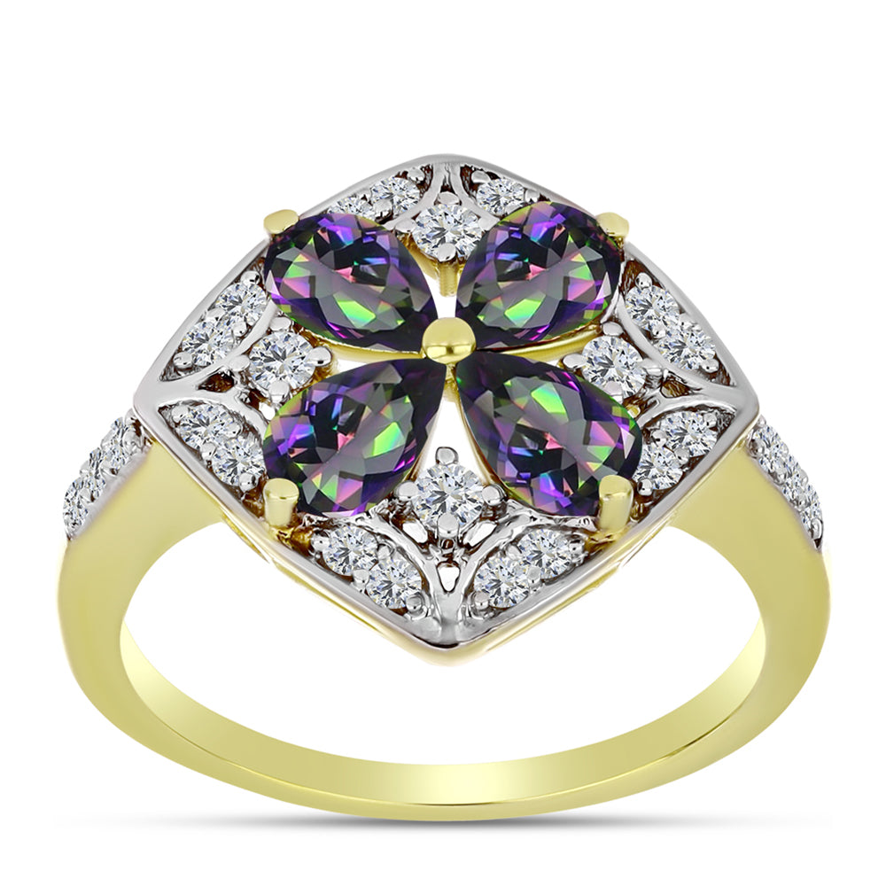 Anillo de Plata Bañada en Oro con Cuarzo Hematita verde místico y Topacio Blanco 3 
