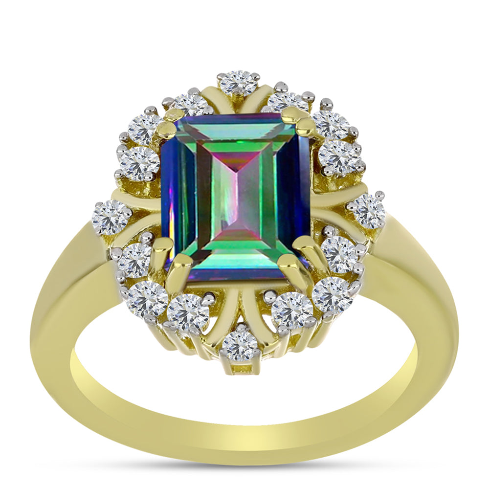 Anillo de Plata Bañada en Oro con Cuarzo Hematita verde místico y Topacio Blanco 3 
