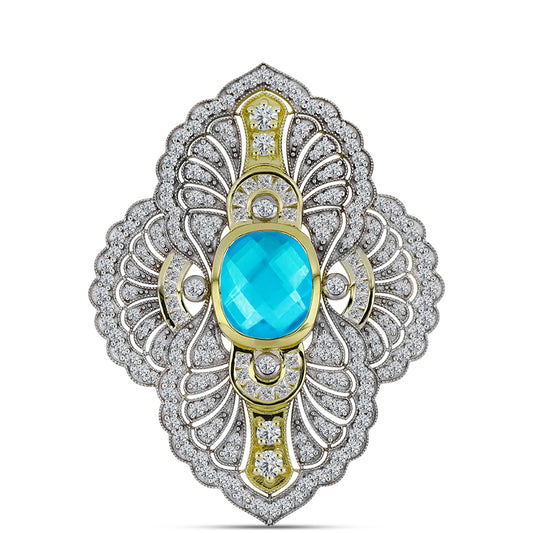 Broche de Plata Bañada en Oro con Jade Azul y Topacio Blanco