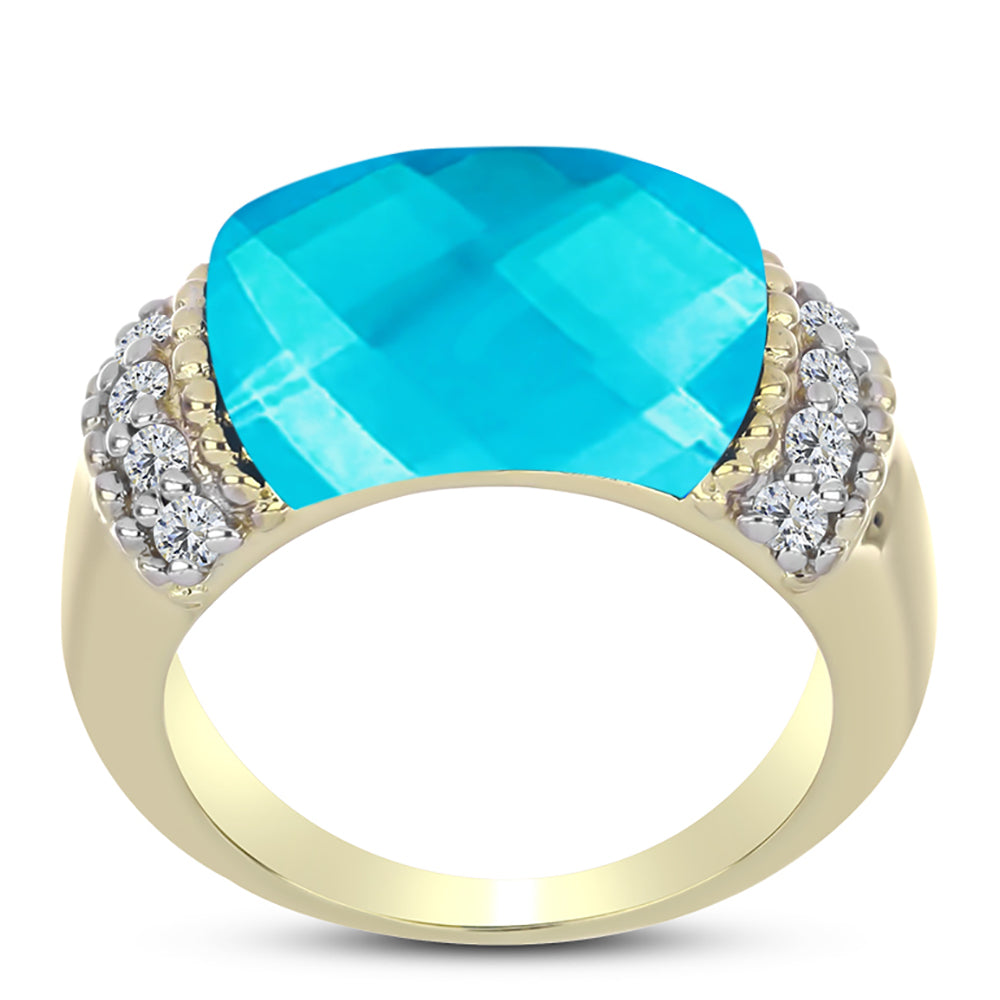 Anillo de Plata Bañada en Oro con Jade Azul y Topacio Blanco