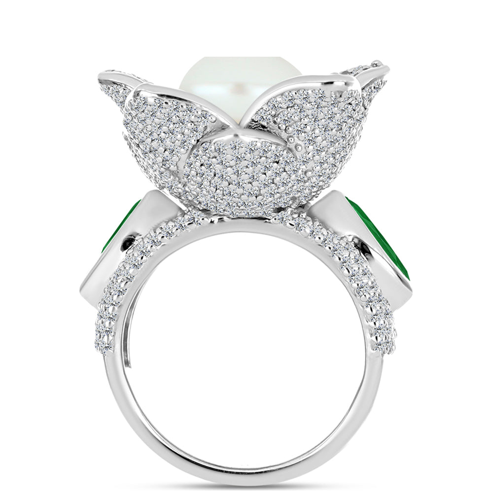 Anillo de Plata con Esmeralda de Zambia y Perla de Agua Dulce
