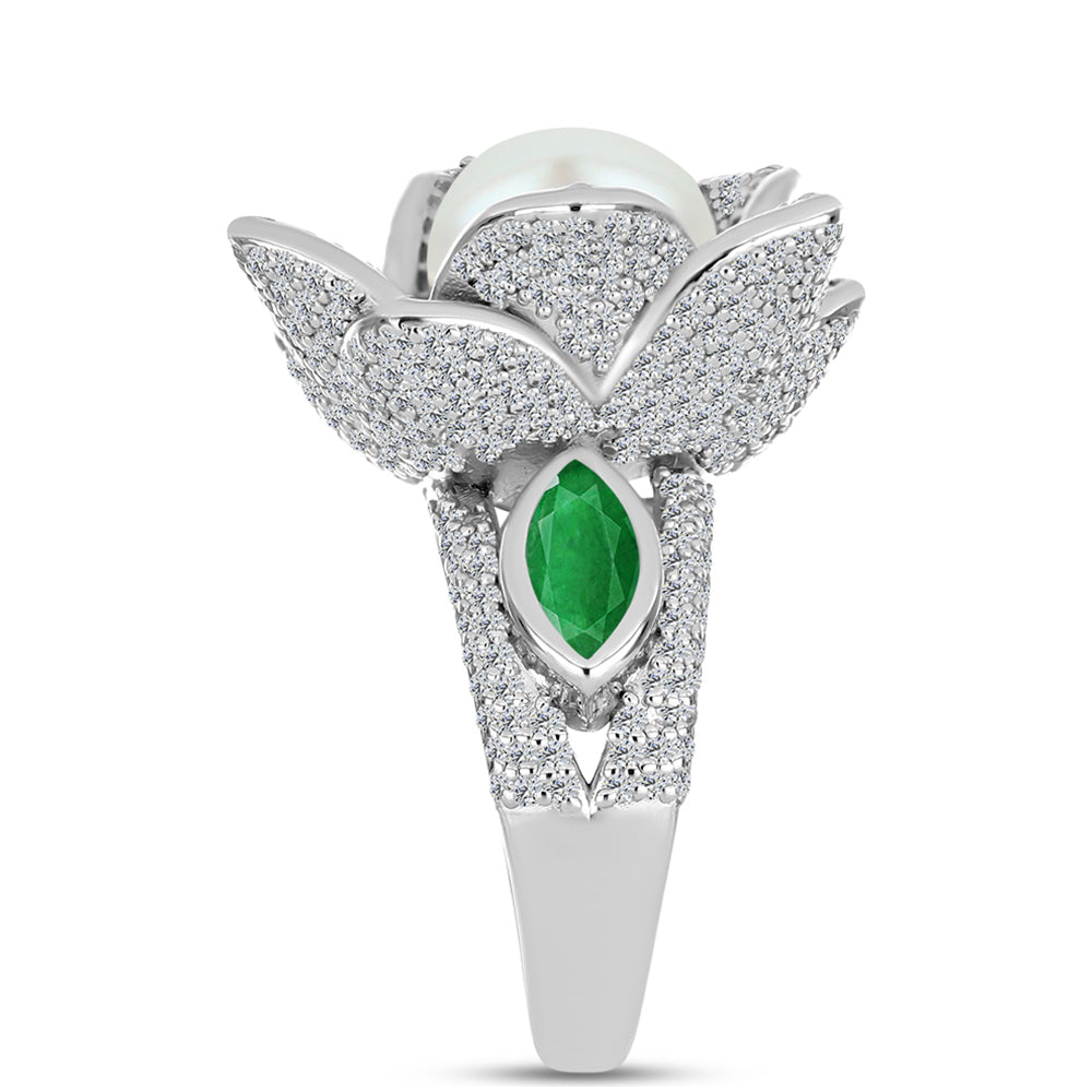 Anillo de Plata con Esmeralda de Zambia y Perla de Agua Dulce