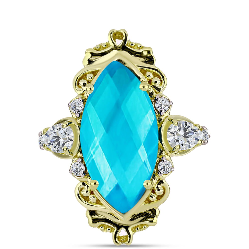 Anillo de Plata Bañada en Oro con Jade Azul y Topacio Blanco 1 