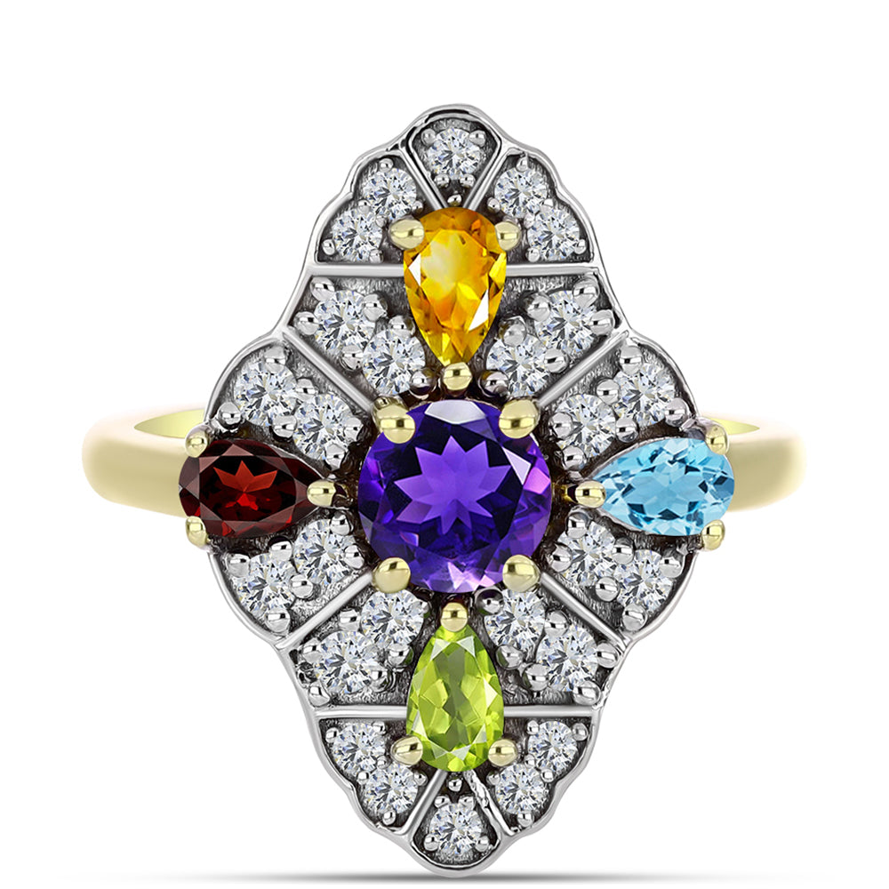 Anillo de Plata Bañada en Oro con Amatista de Marruecos y Citrino de los Montes Urales