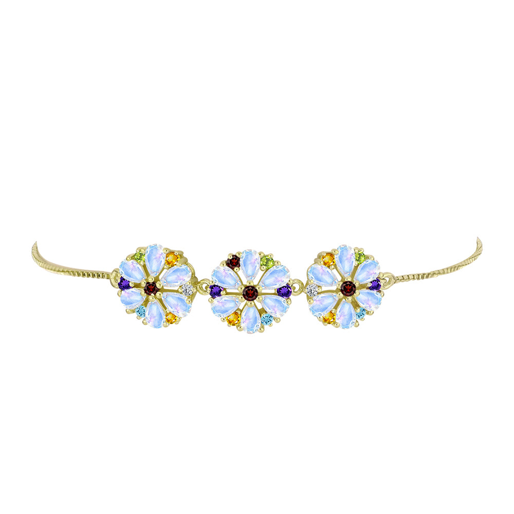 Pulsera de Plata Bañada en Oro con Piedra Lunar Arco Iris y Amatista de Marruecos