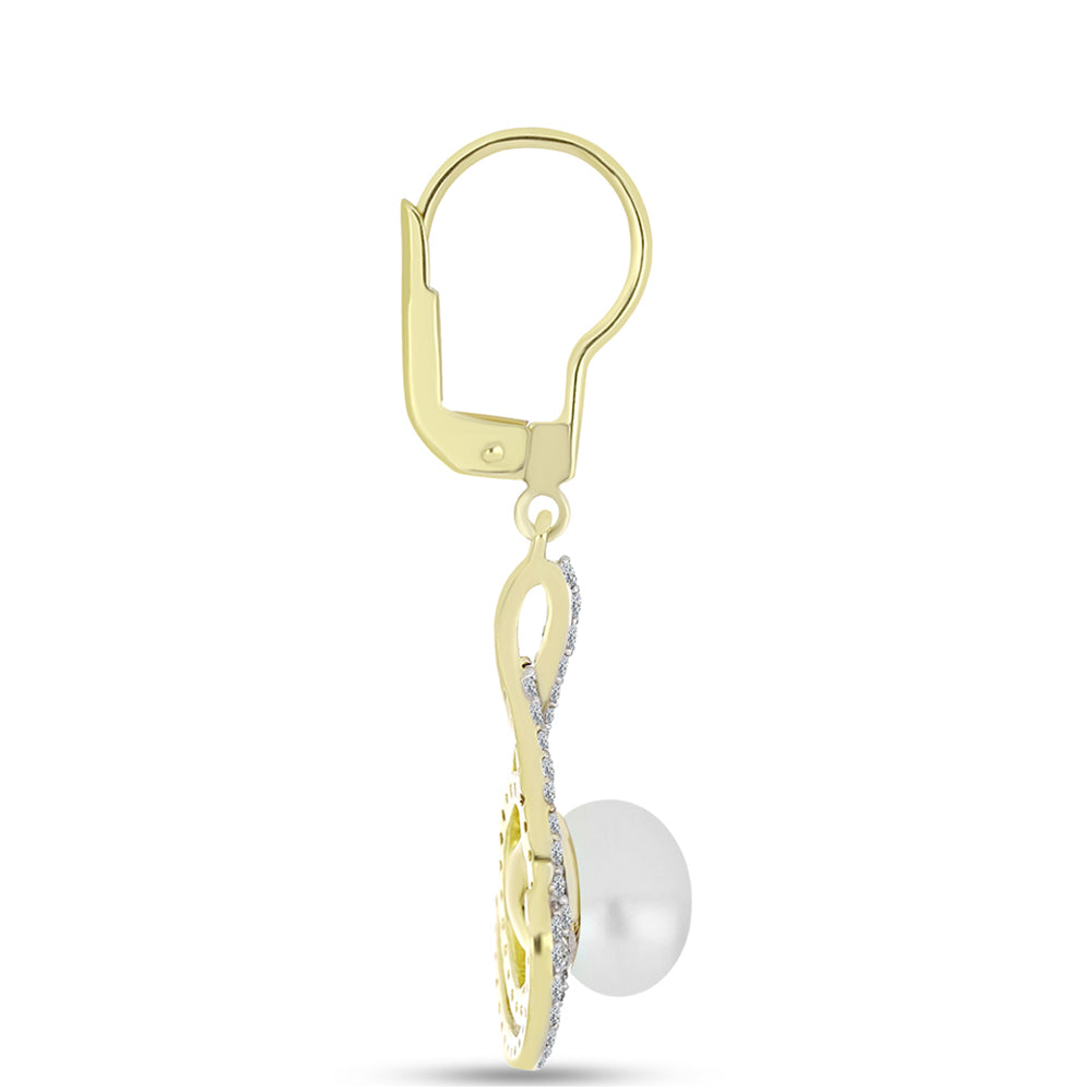 Pendientes de Plata Bañada en Oro con Perla de Agua Dulce y Topacio Blanco 2 