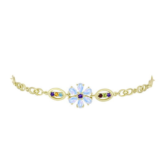 Pulsera de Plata Bañada en Oro con Piedra Lunar Arco Iris y Amatista de Marruecos