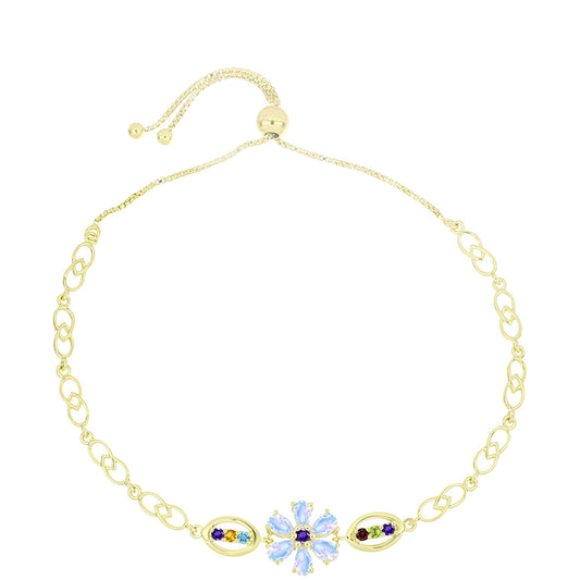 Pulsera de Plata Bañada en Oro con Piedra Lunar Arco Iris y Amatista de Marruecos