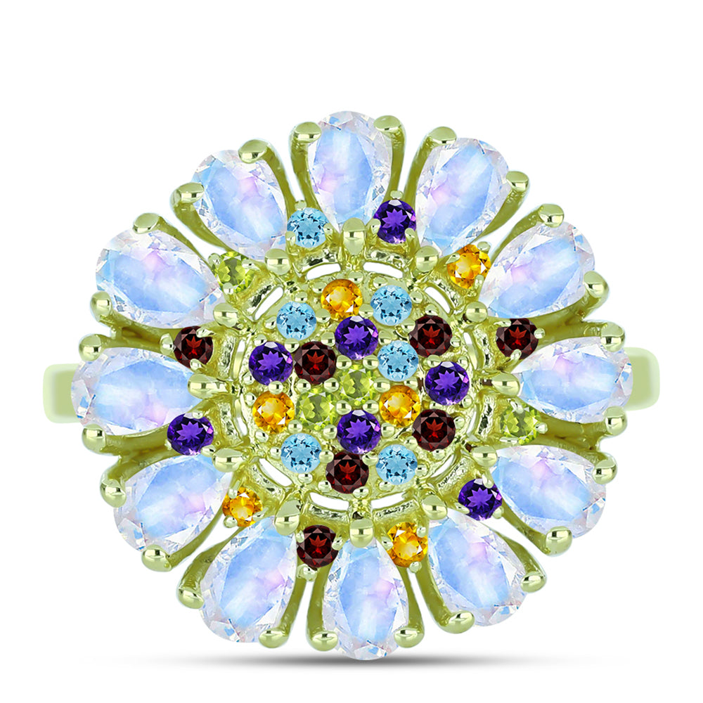 Anillo de Plata Bañada en Oro con Piedra Lunar Arco Iris y Amatista de Marruecos 1 