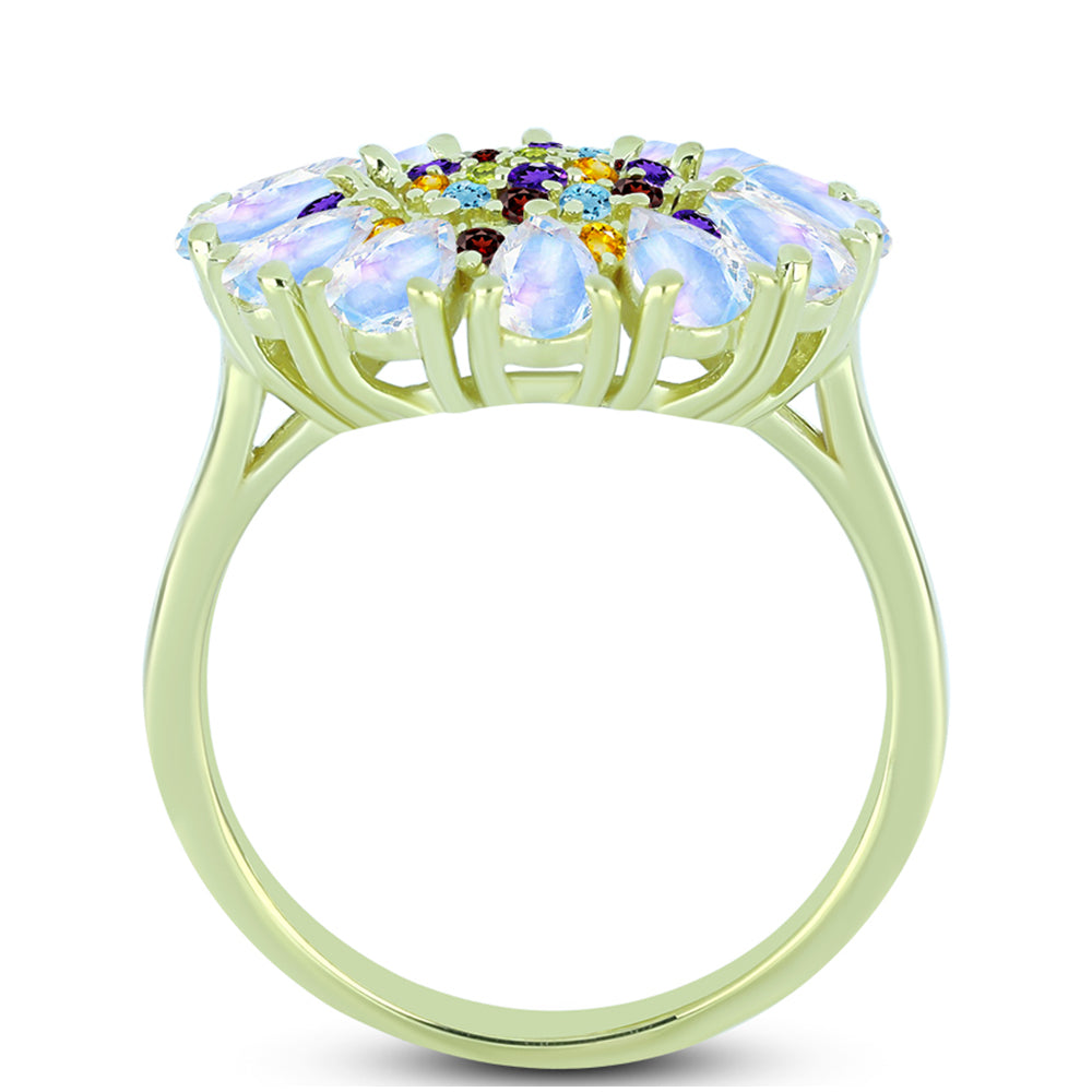 Anillo de Plata Bañada en Oro con Piedra Lunar Arco Iris y Amatista de Marruecos 2 