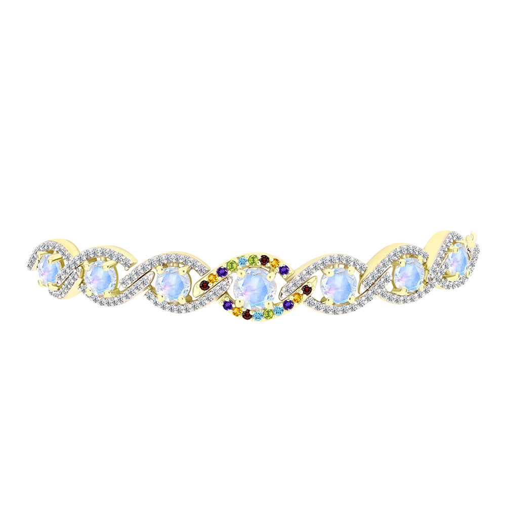 Pulsera de Plata Bañada en Oro con Piedra Lunar Arco Iris y Citrino de los Montes Urales