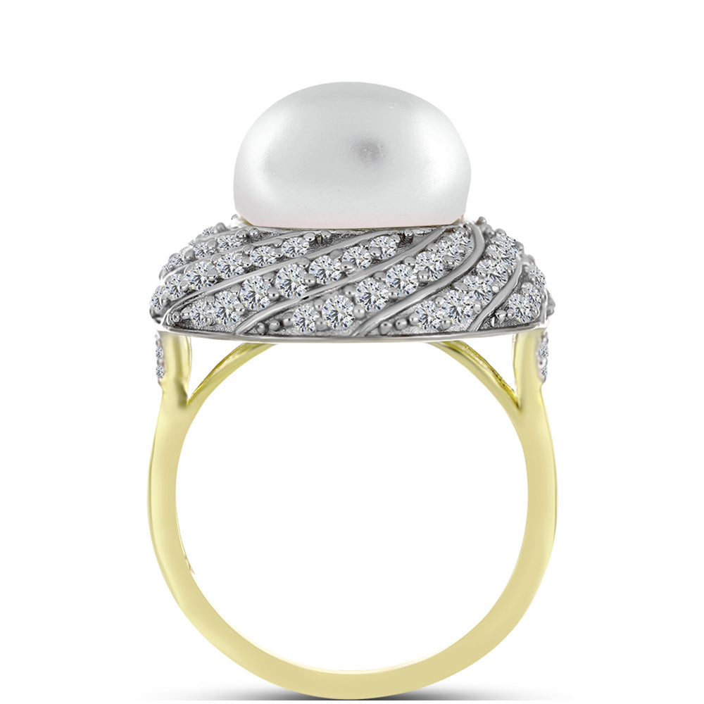 Anillo de Plata Bañada en Oro con Perla de Agua Dulce y Topacio Blanco 2 