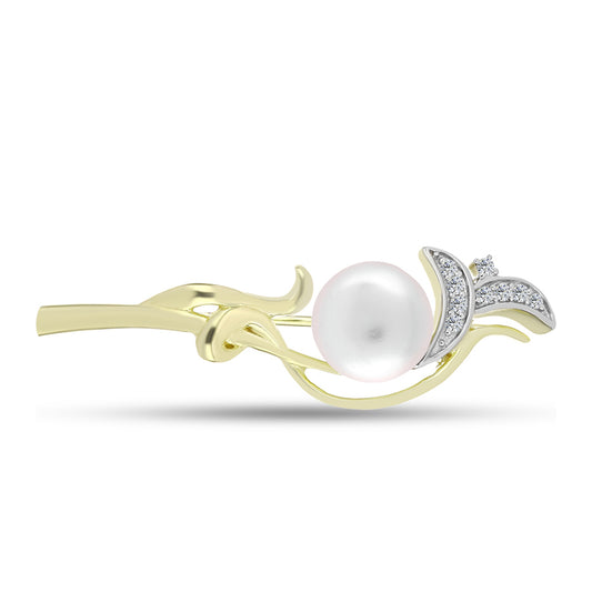 Broche de Plata Bañada en Oro con Perla de Agua Dulce y Topacio Blanco