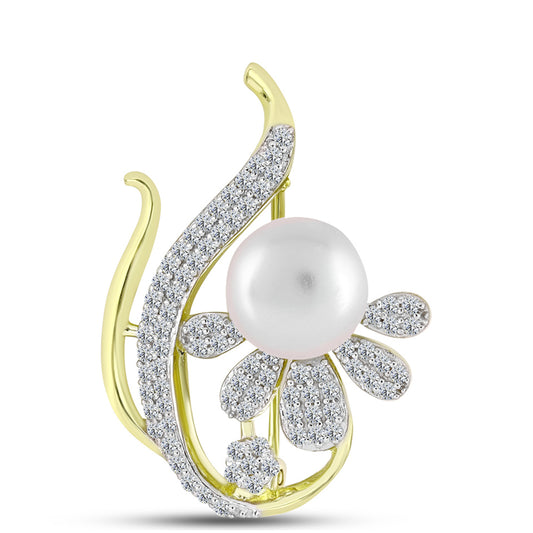 Broche de Plata Bañada en Oro con Perla de Agua Dulce y Topacio Blanco