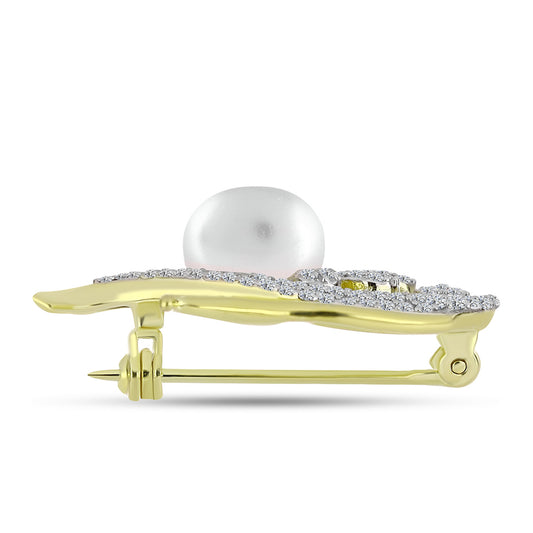 Broche de Plata Bañada en Oro con Perla de Agua Dulce y Topacio Blanco