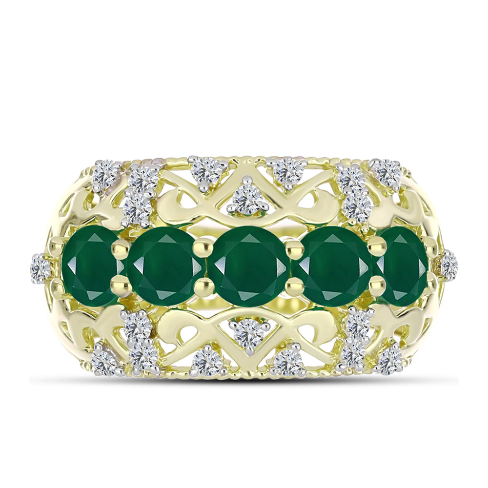Anillo de Plata Bañada en Oro con Ágata Verde y Topacio Blanco