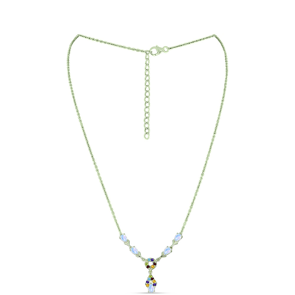 Collar de Plata Bañada en Oro con Piedra Lunar Arco Iris y Amatista de Marruecos