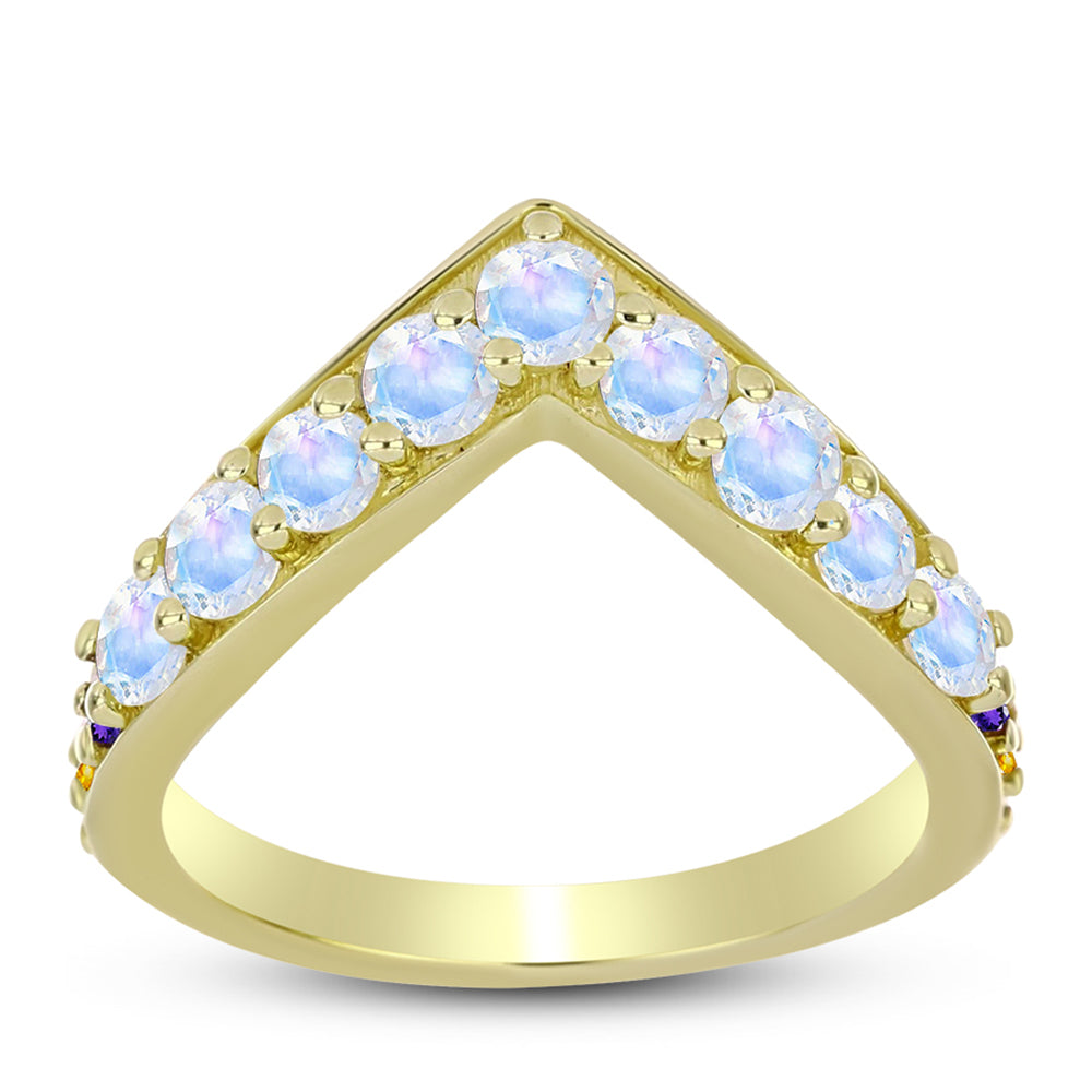 Anillo de Plata Bañada en Oro con Piedra Lunar Arco Iris y Amatista de Marruecos