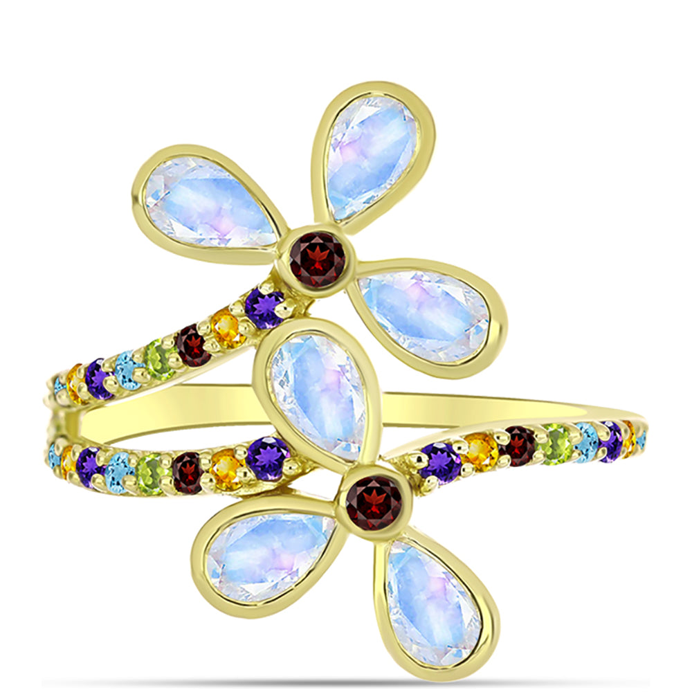 Anillo de Plata Bañada en Oro con Piedra Lunar Arco Iris y Granate Barton