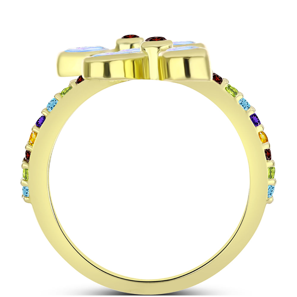 Anillo de Plata Bañada en Oro con Piedra Lunar Arco Iris y Granate Barton