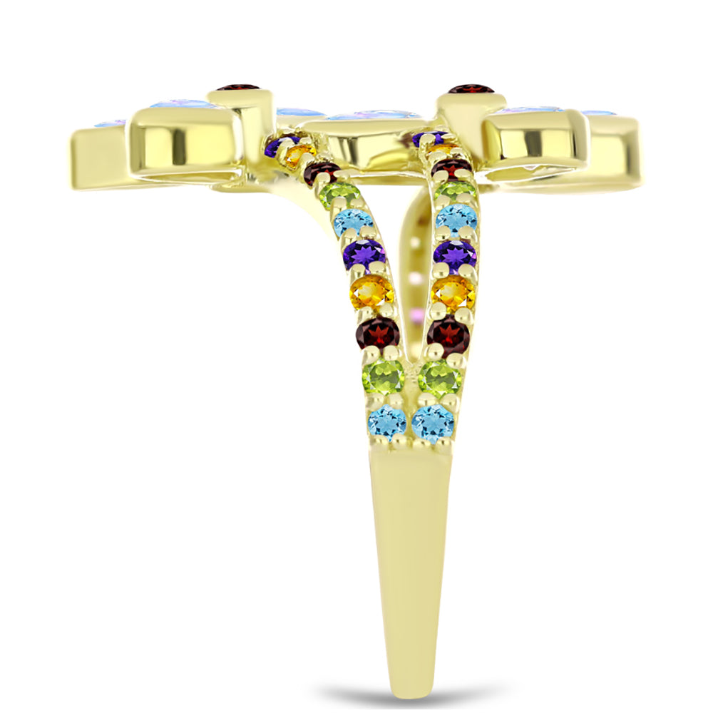 Anillo de Plata Bañada en Oro con Piedra Lunar Arco Iris y Granate Barton 4 