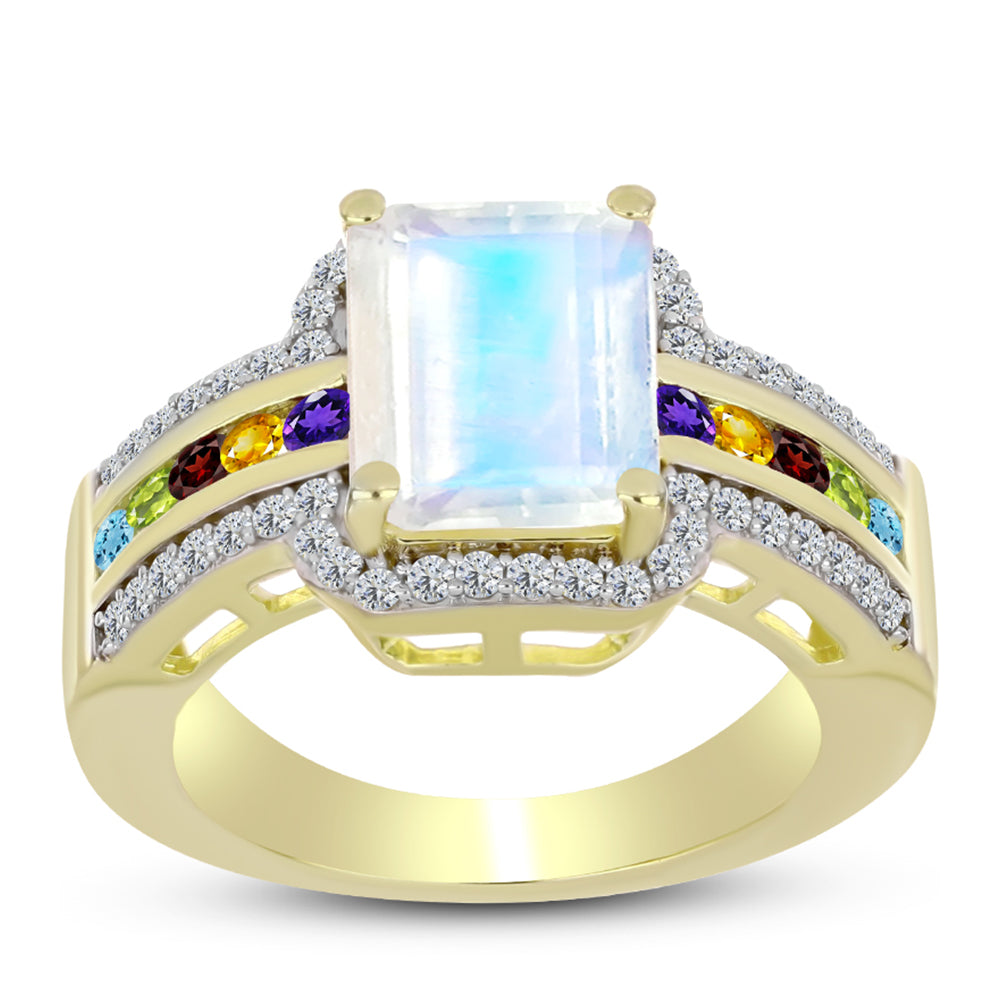 Anillo de Plata Bañada en Oro con Piedra Lunar Arco Iris y Amatista de Marruecos 3 