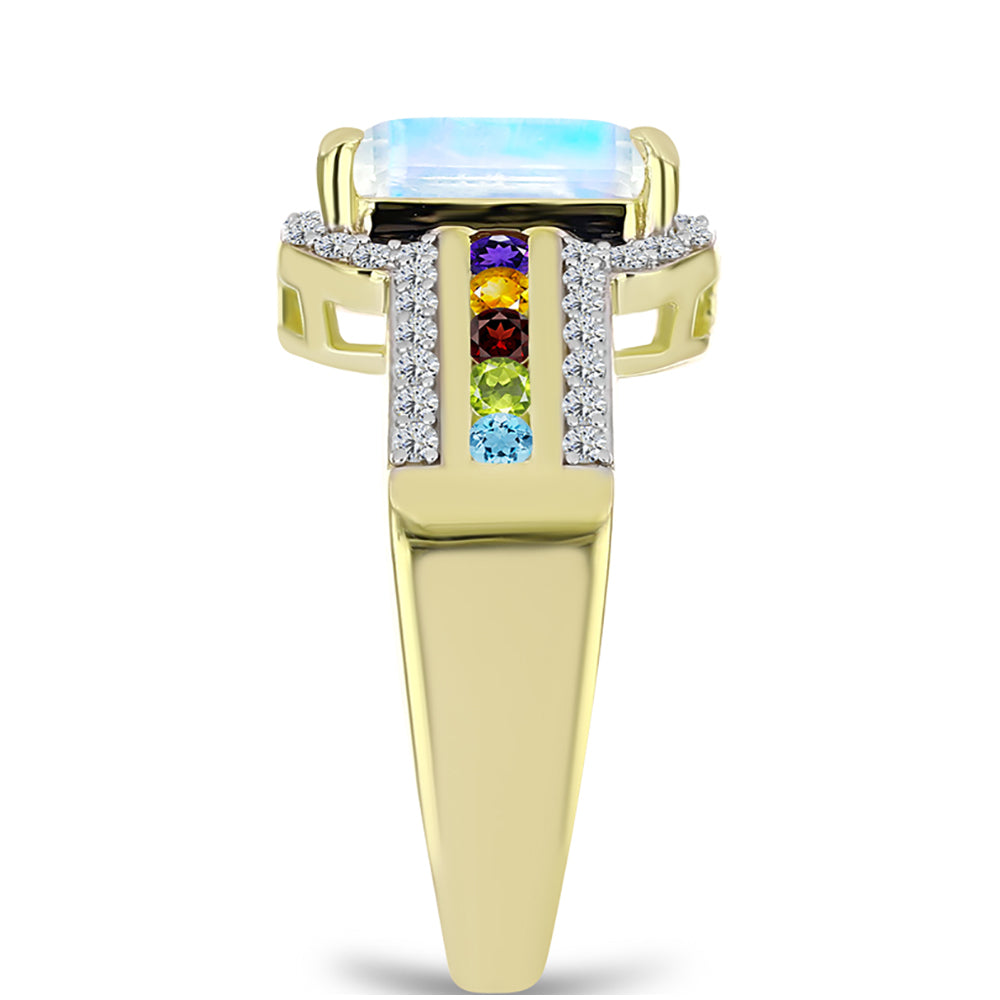 Anillo de Plata Bañada en Oro con Piedra Lunar Arco Iris y Amatista de Marruecos 4 