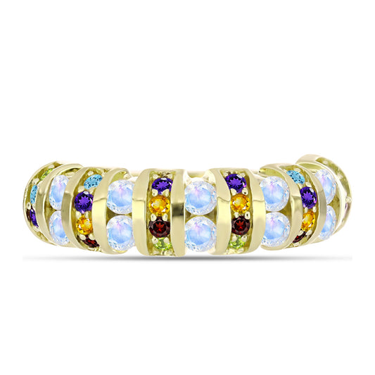 Anillo de Plata Bañada en Oro con Piedra Lunar Arco Iris y Amatista de Marruecos