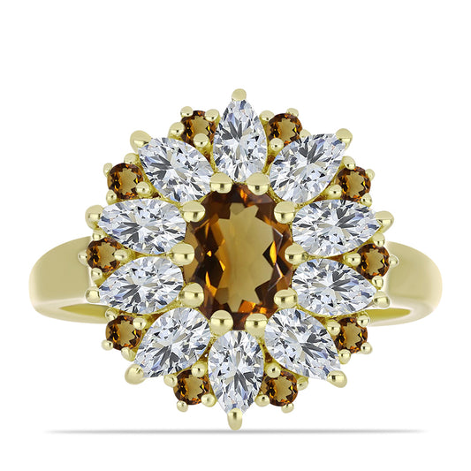 Anillo de Plata Bañada en Oro con Cuarzo Coñac y Topacio Blanco