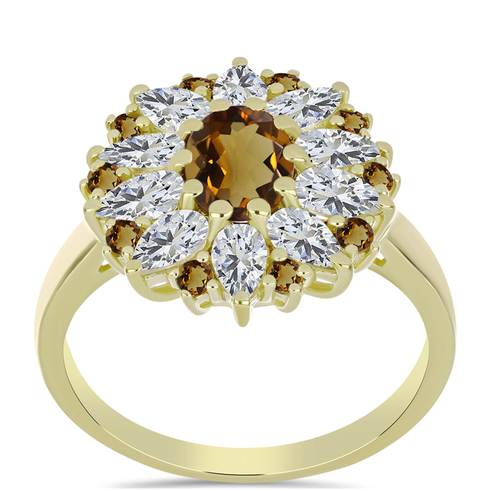 Anillo de Plata Bañada en Oro con Cuarzo Coñac y Topacio Blanco 3 