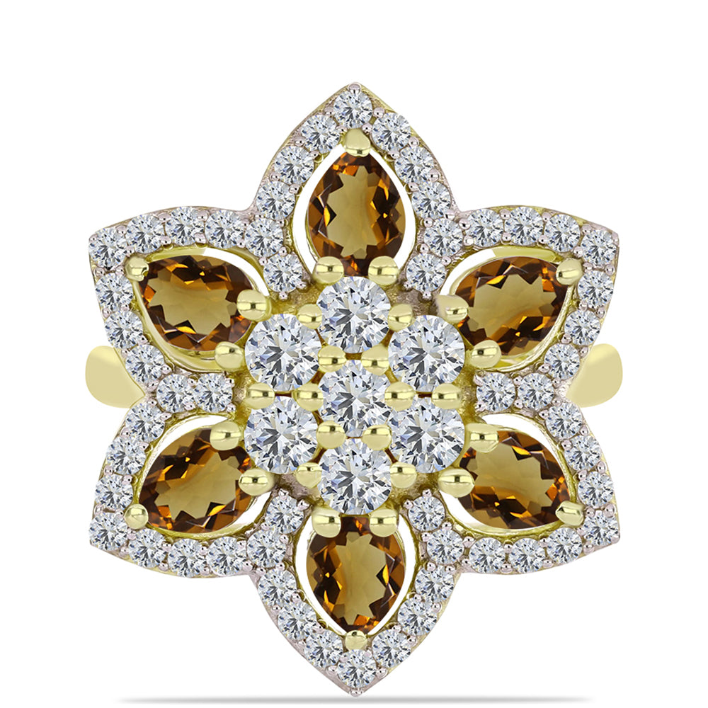 Anillo de Plata Bañada en Oro con Cuarzo Coñac y Topacio Blanco
