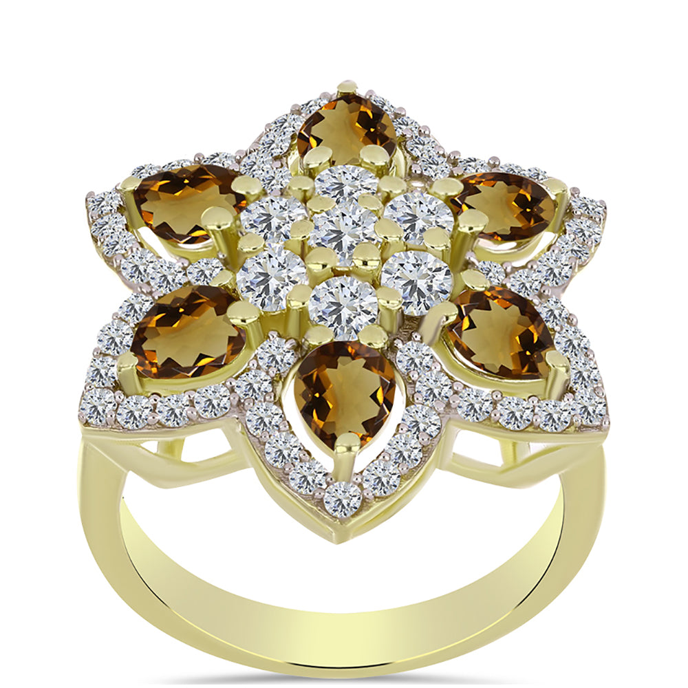 Anillo de Plata Bañada en Oro con Cuarzo Coñac y Topacio Blanco
