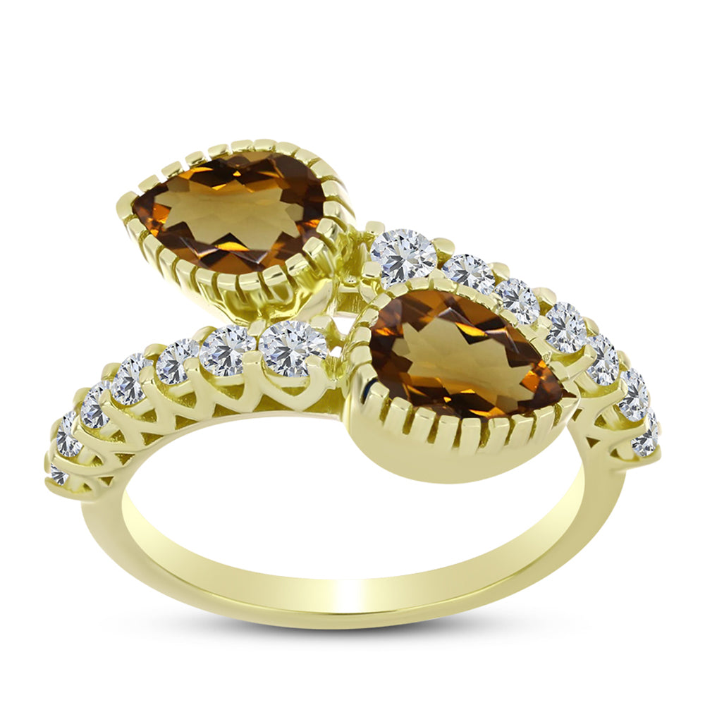 Anillo de Plata Bañada en Oro con Cuarzo Coñac y Topacio Blanco