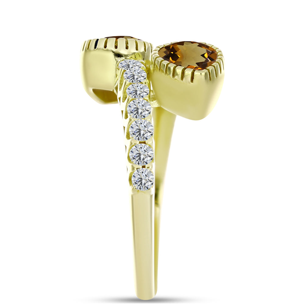 Anillo de Plata Bañada en Oro con Cuarzo Coñac y Topacio Blanco