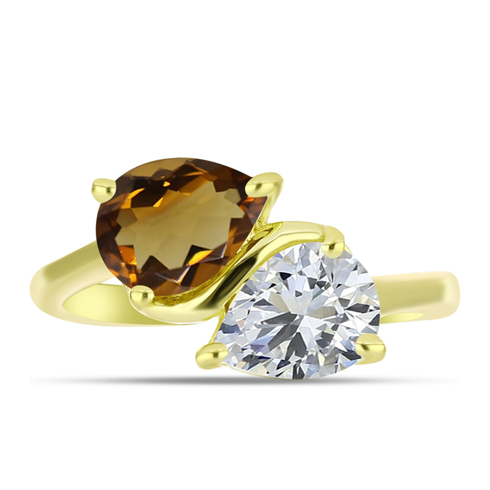 Anillo de Plata Bañada en Oro con Cuarzo Coñac y Topacio Blanco 1 
