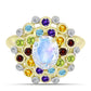 Anillo de Plata Bañada en Oro con Piedra Lunar Arco Iris y Amatista de Marruecos